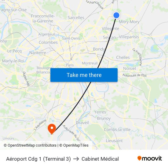 Aéroport Cdg 1 (Terminal 3) to Cabinet Médical map