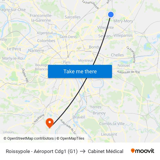 Roissypole - Aéroport Cdg1 (G1) to Cabinet Médical map