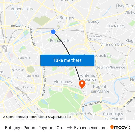 Bobigny - Pantin - Raymond Queneau to Evanescence Institut map