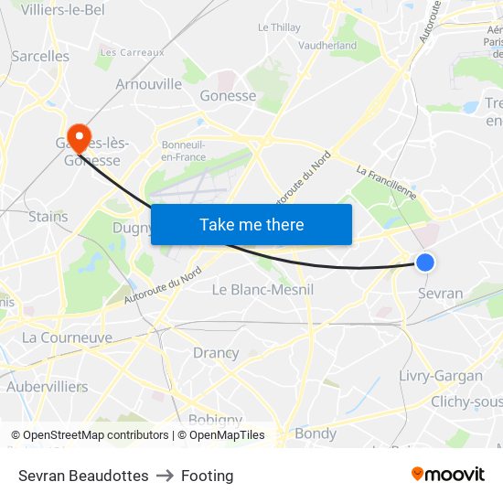 Sevran Beaudottes to Footing map