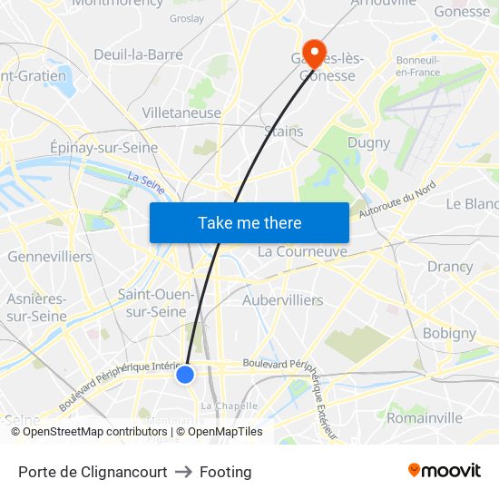 Porte de Clignancourt to Footing map