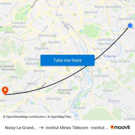 Noisy-Le-Grand - Mont D'Est to Institut Mines Télécom - Institut Polytechnique de Paris map