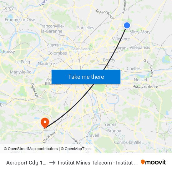 Aéroport Cdg 1 (Terminal 3) to Institut Mines Télécom - Institut Polytechnique de Paris map