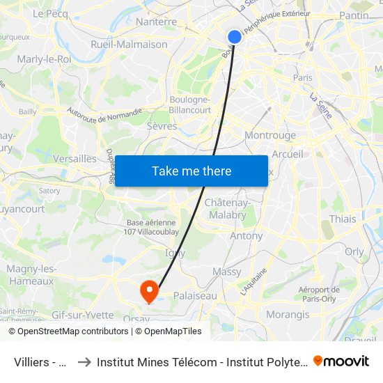 Villiers - Bineau to Institut Mines Télécom - Institut Polytechnique de Paris map