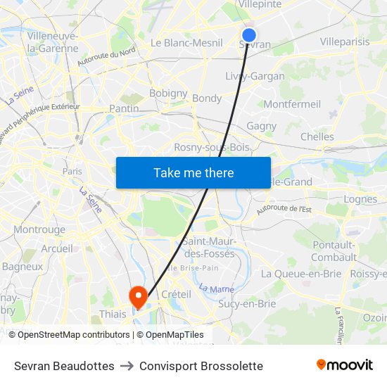 Sevran Beaudottes to Convisport Brossolette map