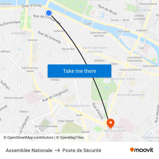 Assemblée Nationale to Poste de Sécurité map
