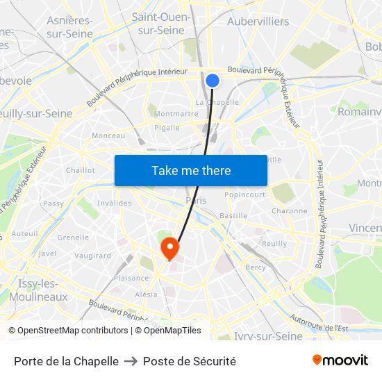 Porte de la Chapelle to Poste de Sécurité map