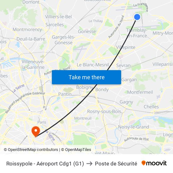 Roissypole - Aéroport Cdg1 (G1) to Poste de Sécurité map