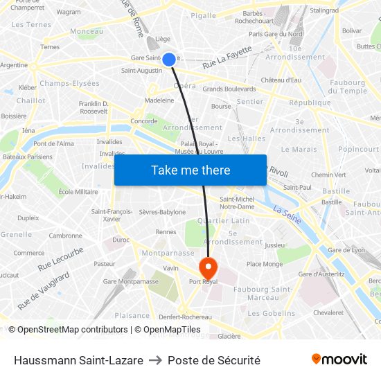 Haussmann Saint-Lazare to Poste de Sécurité map