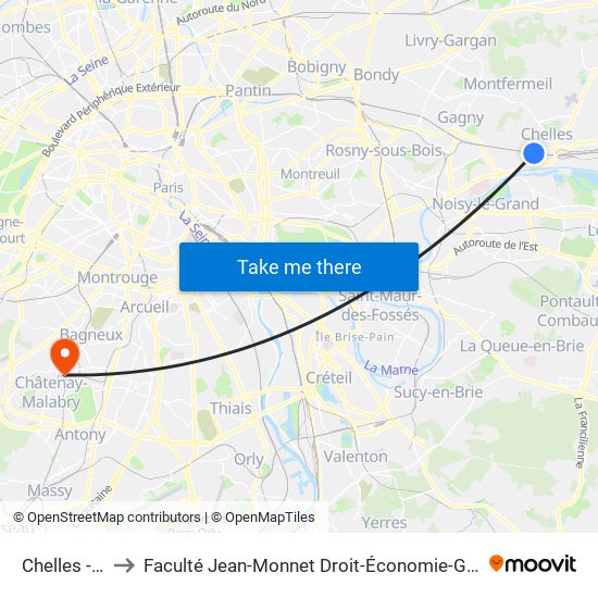 Chelles - Gournay to Faculté Jean-Monnet Droit-Économie-Gestion - Université Paris-Saclay map