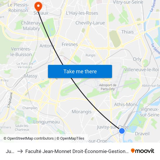 Juvisy to Faculté Jean-Monnet Droit-Économie-Gestion - Université Paris-Saclay map