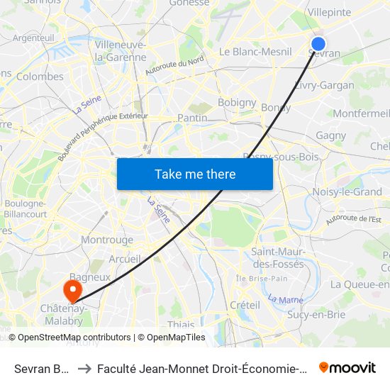 Sevran Beaudottes to Faculté Jean-Monnet Droit-Économie-Gestion - Université Paris-Saclay map