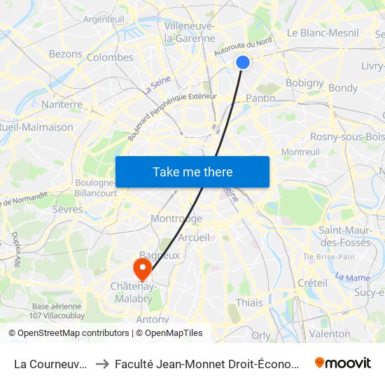 La Courneuve - Aubervilliers to Faculté Jean-Monnet Droit-Économie-Gestion - Université Paris-Saclay map