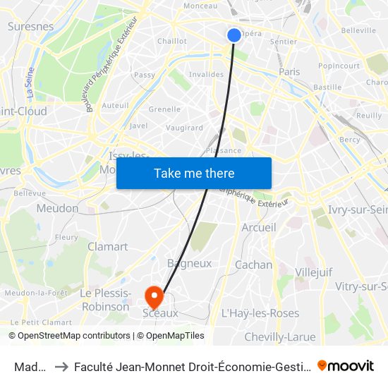 Madeleine to Faculté Jean-Monnet Droit-Économie-Gestion - Université Paris-Saclay map