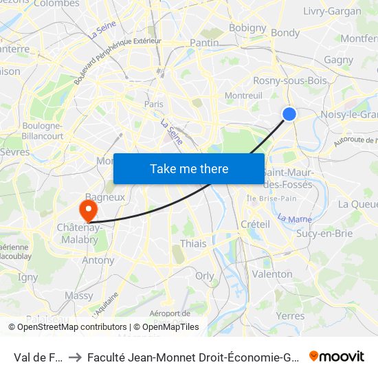 Val de Fontenay to Faculté Jean-Monnet Droit-Économie-Gestion - Université Paris-Saclay map