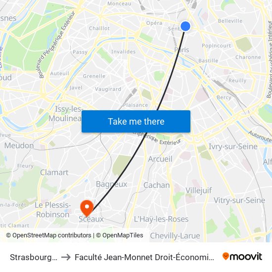 Strasbourg-Saint-Denis to Faculté Jean-Monnet Droit-Économie-Gestion - Université Paris-Saclay map