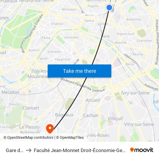 Gare du Nord to Faculté Jean-Monnet Droit-Économie-Gestion - Université Paris-Saclay map