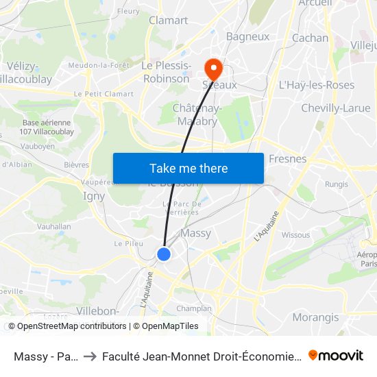 Massy - Palaiseau RER to Faculté Jean-Monnet Droit-Économie-Gestion - Université Paris-Saclay map