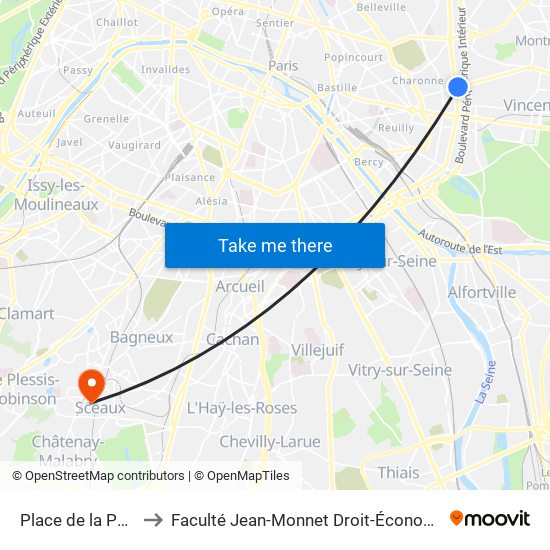 Place de la Porte de Montreuil to Faculté Jean-Monnet Droit-Économie-Gestion - Université Paris-Saclay map