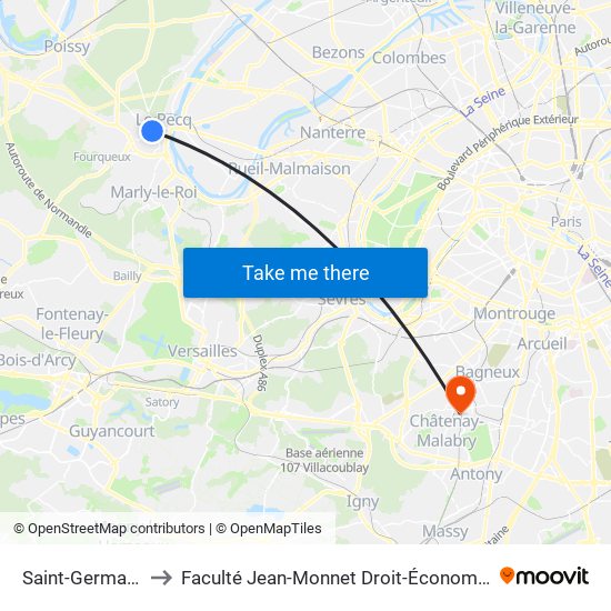 Saint-Germain-En-Laye RER to Faculté Jean-Monnet Droit-Économie-Gestion - Université Paris-Saclay map