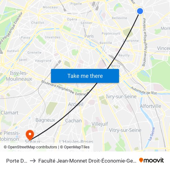 Porte Des Lilas to Faculté Jean-Monnet Droit-Économie-Gestion - Université Paris-Saclay map