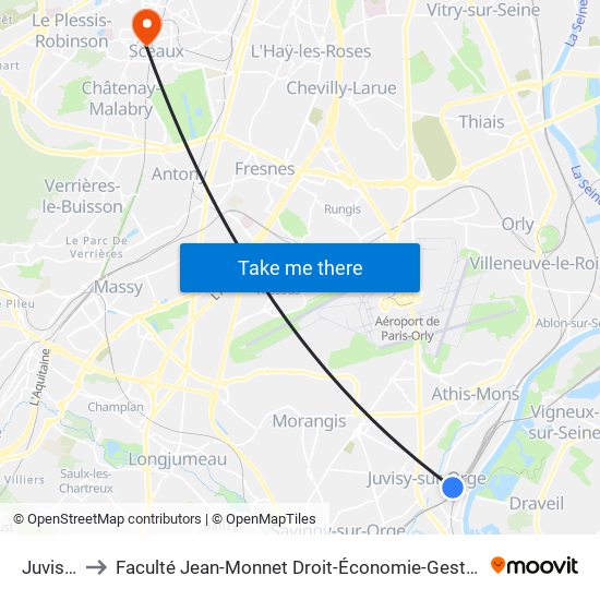 Juvisy RER to Faculté Jean-Monnet Droit-Économie-Gestion - Université Paris-Saclay map