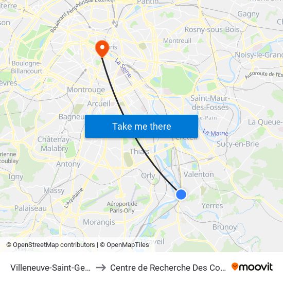 Villeneuve-Saint-Georges to Centre de Recherche Des Cordeliers map