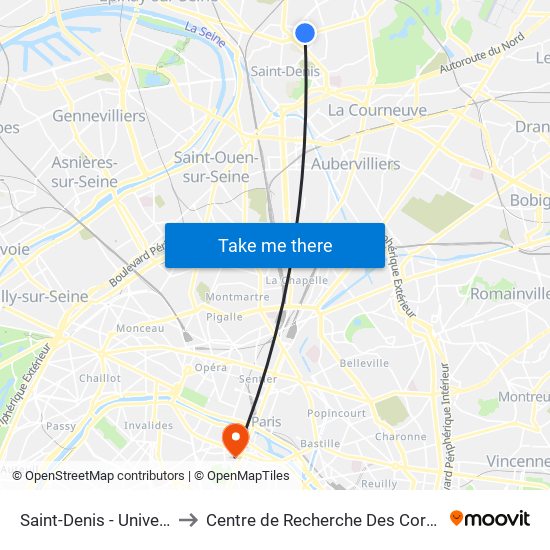 Saint-Denis - Université to Centre de Recherche Des Cordeliers map