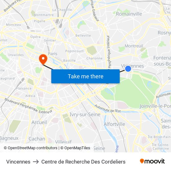 Vincennes to Centre de Recherche Des Cordeliers map