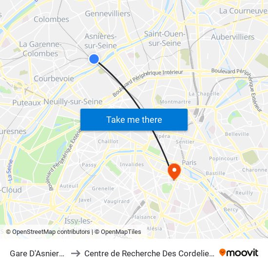 Gare D'Asnieres to Centre de Recherche Des Cordeliers map