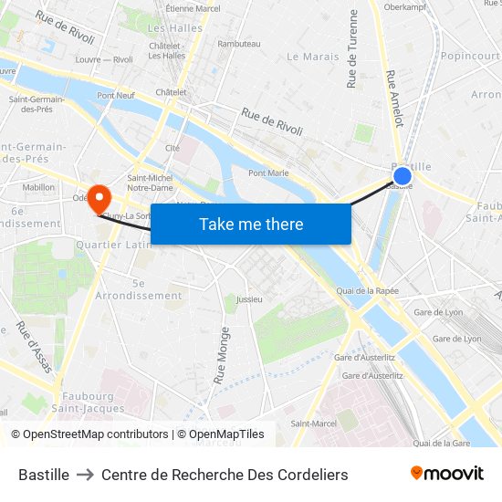 Bastille to Centre de Recherche Des Cordeliers map