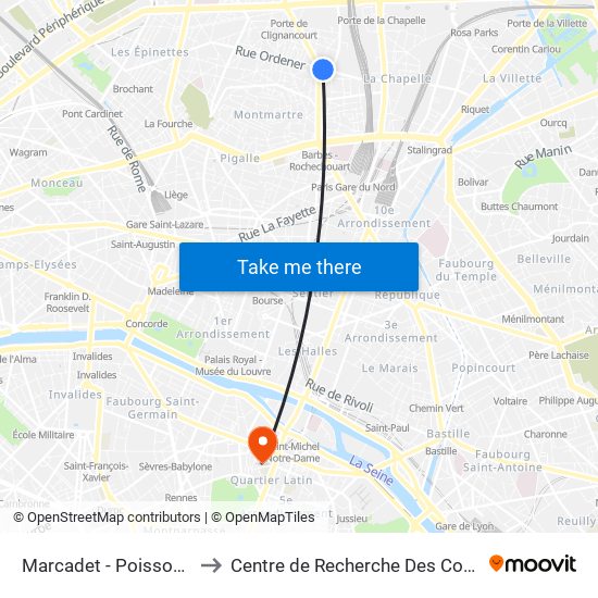 Marcadet - Poissonniers to Centre de Recherche Des Cordeliers map