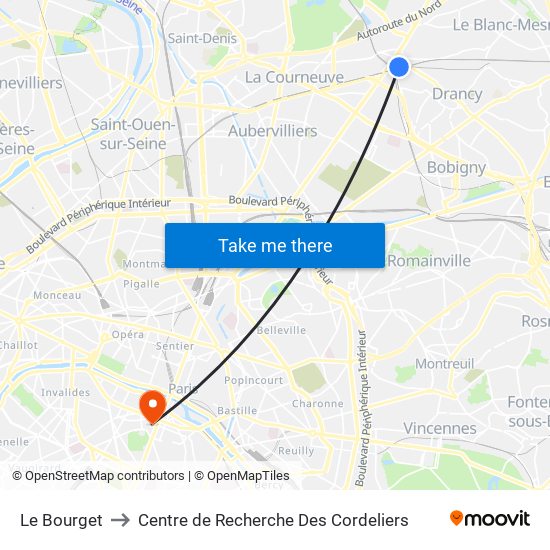 Le Bourget to Centre de Recherche Des Cordeliers map
