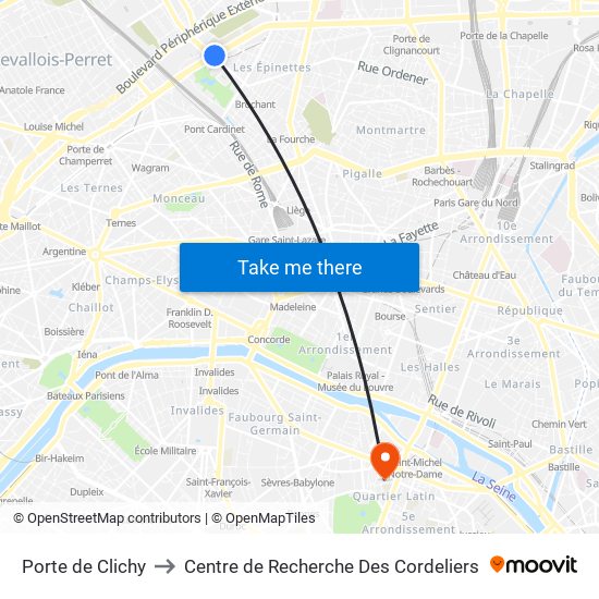 Porte de Clichy to Centre de Recherche Des Cordeliers map