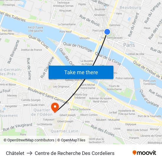 Châtelet to Centre de Recherche Des Cordeliers map