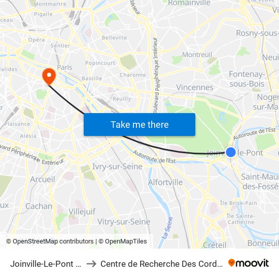 Joinville-Le-Pont RER to Centre de Recherche Des Cordeliers map