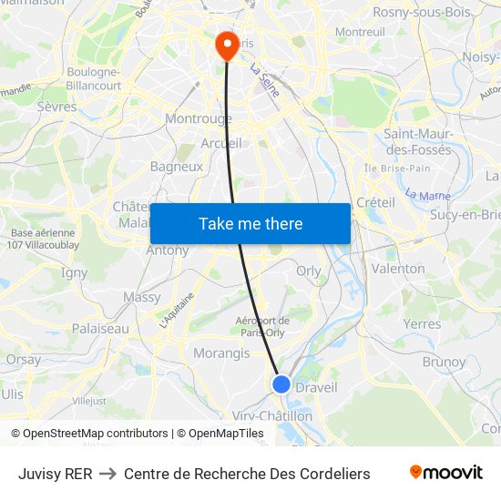 Juvisy RER to Centre de Recherche Des Cordeliers map