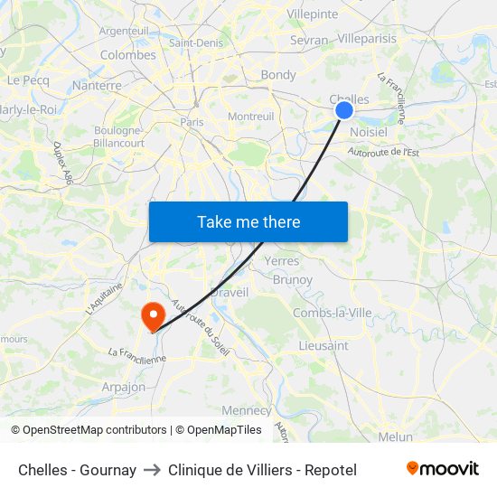 Chelles - Gournay to Clinique de Villiers - Repotel map