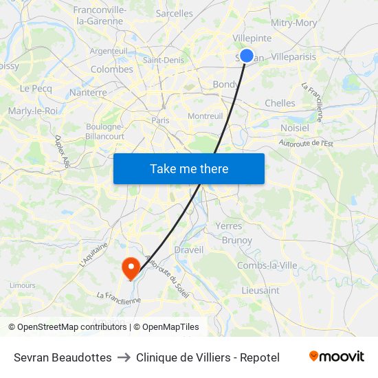 Sevran Beaudottes to Clinique de Villiers - Repotel map