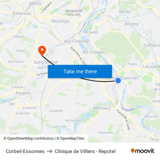 Corbeil-Essonnes to Clinique de Villiers - Repotel map