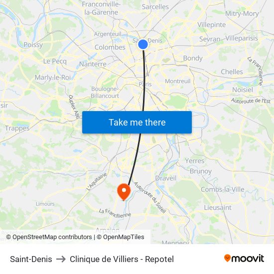 Saint-Denis to Clinique de Villiers - Repotel map