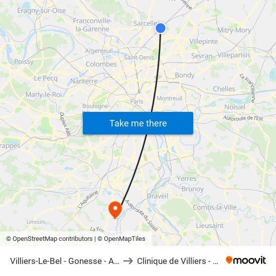 Villiers-Le-Bel - Gonesse - Arnouville to Clinique de Villiers - Repotel map