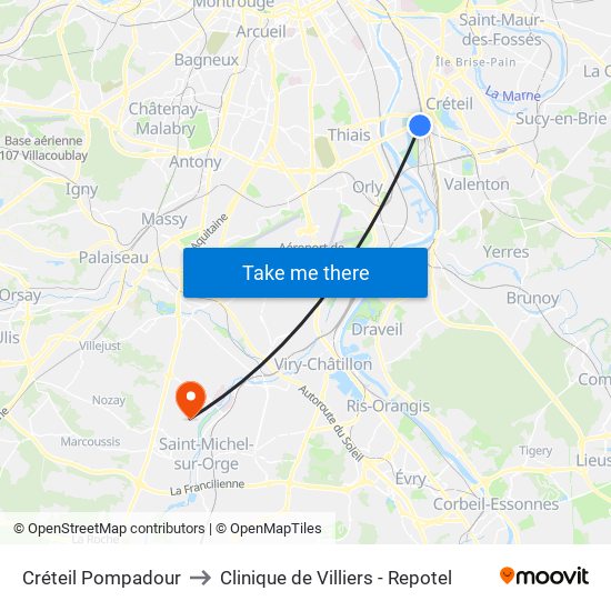 Créteil Pompadour to Clinique de Villiers - Repotel map
