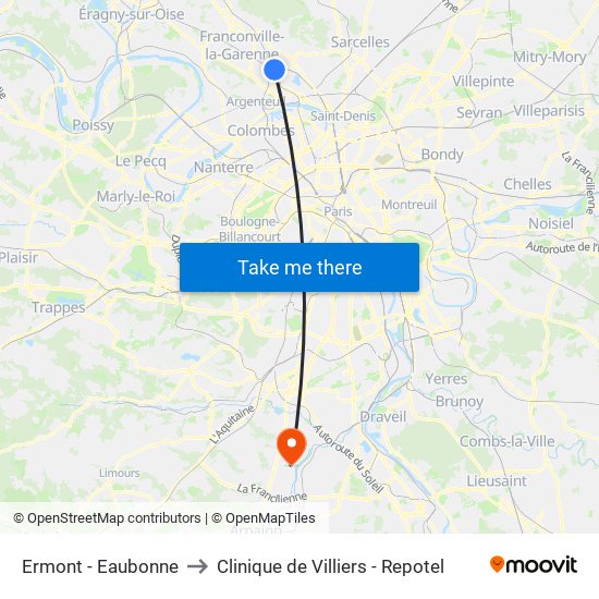 Ermont - Eaubonne to Clinique de Villiers - Repotel map
