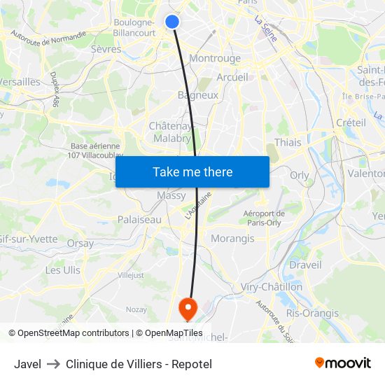 Javel to Clinique de Villiers - Repotel map