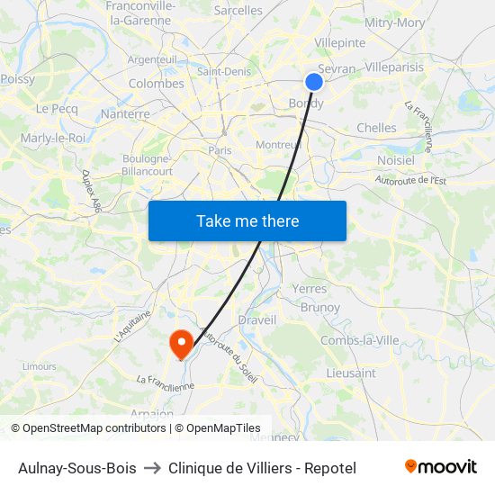 Aulnay-Sous-Bois to Clinique de Villiers - Repotel map