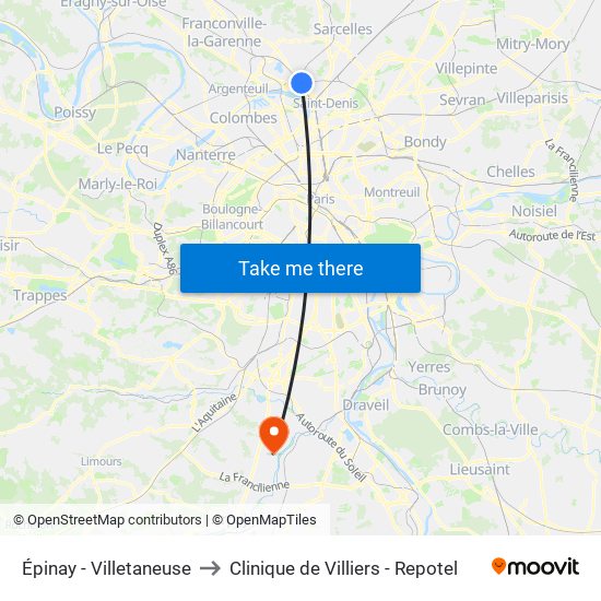 Épinay - Villetaneuse to Clinique de Villiers - Repotel map