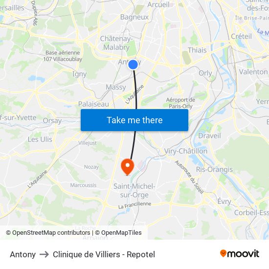 Antony to Clinique de Villiers - Repotel map