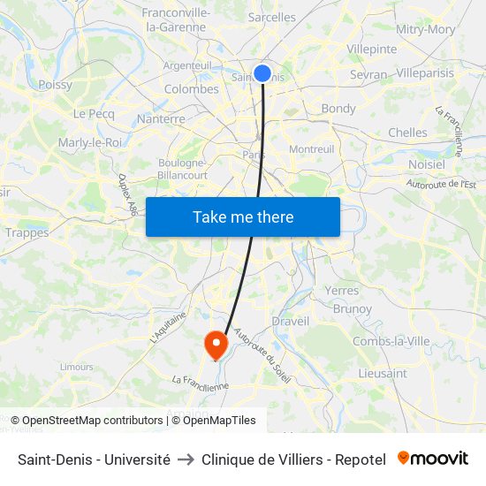 Saint-Denis - Université to Clinique de Villiers - Repotel map