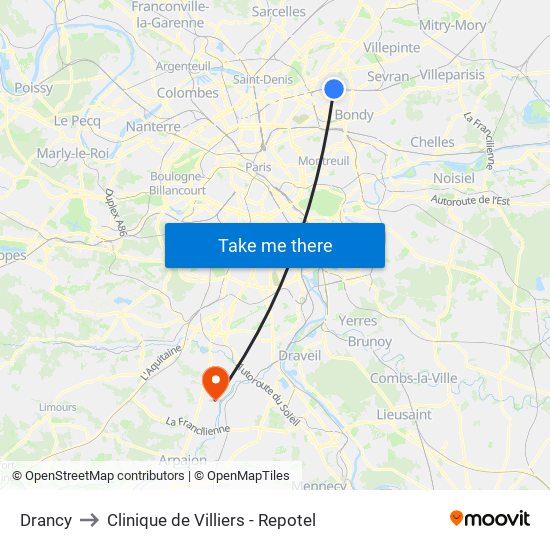 Drancy to Clinique de Villiers - Repotel map